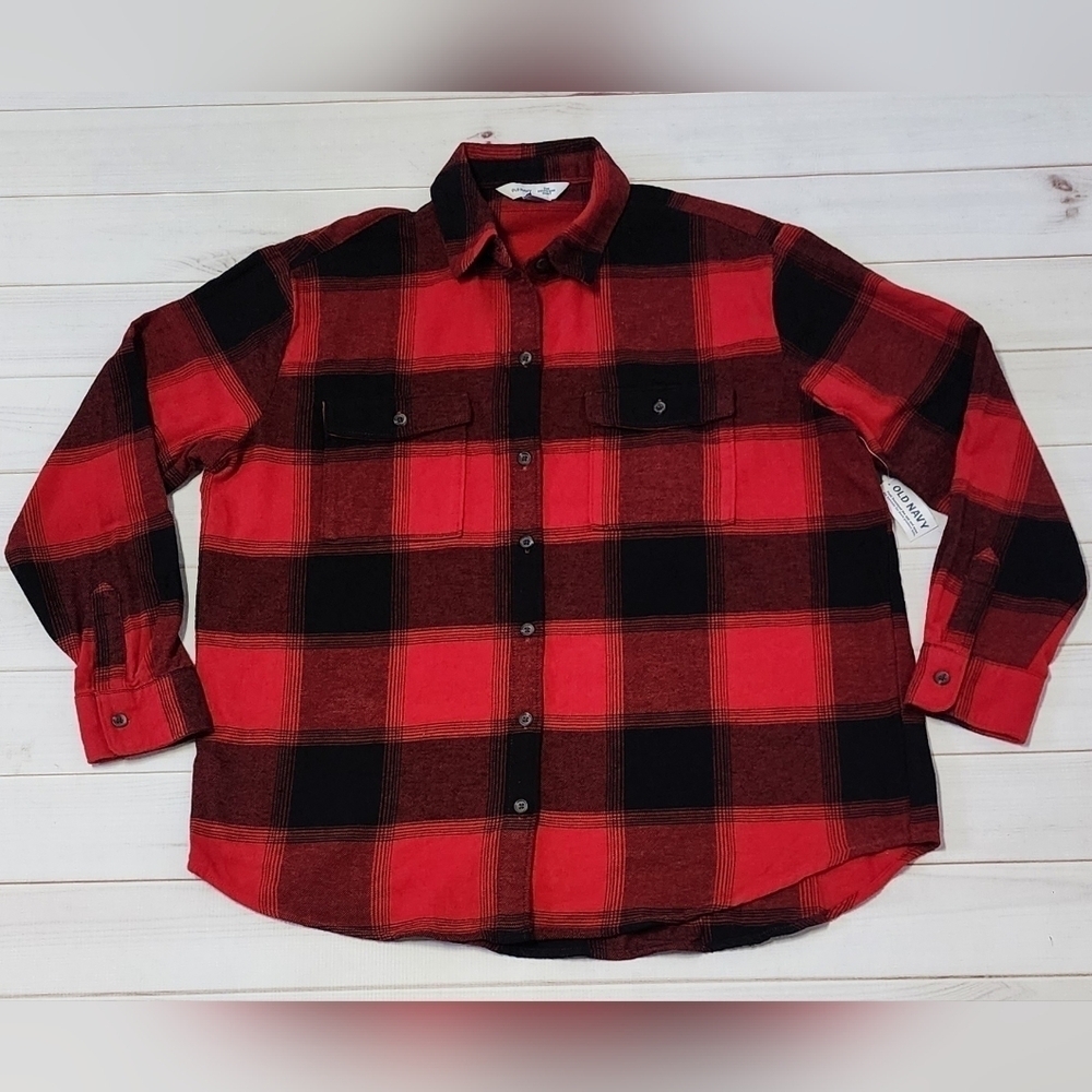 Old Navy Women's Oversized Plaid Flannel Boyfriend Tunic Shirt Medium New